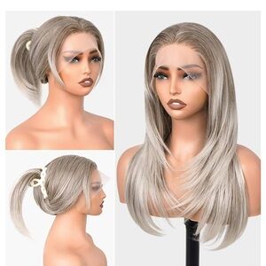 13x6 Synthetic Lace Front Wig Ombre Grey Silver Long Layered Straight Wig